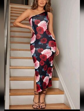 NWT Shein One Shoulder Side Slit Floral Red Pink Rose Slip On Midi Dress Size XL